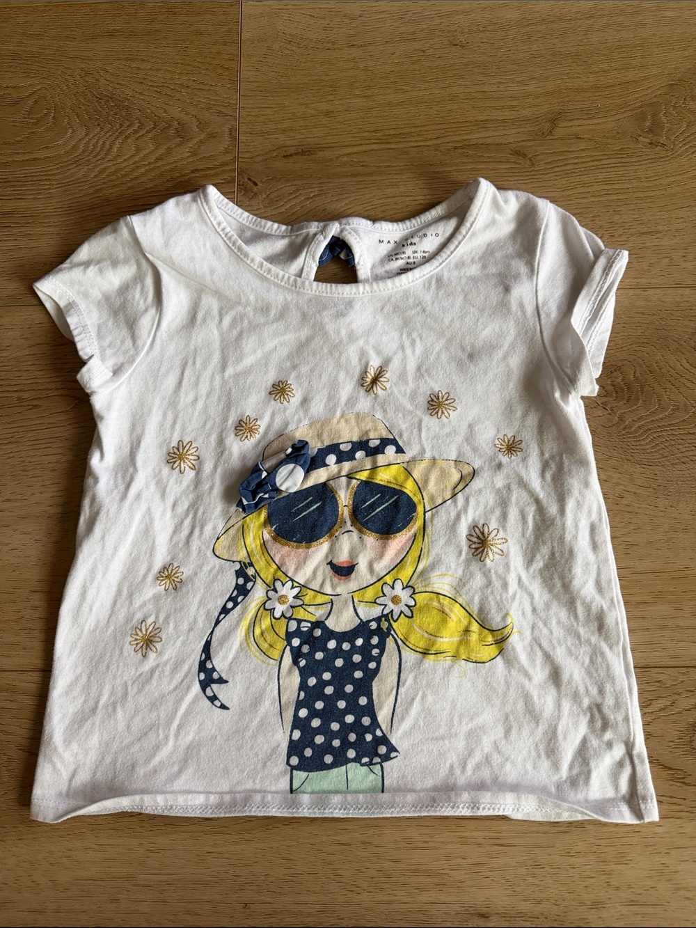 Girls White Graphic Summer Tee with Navy Polka Dot Design 7-8 years